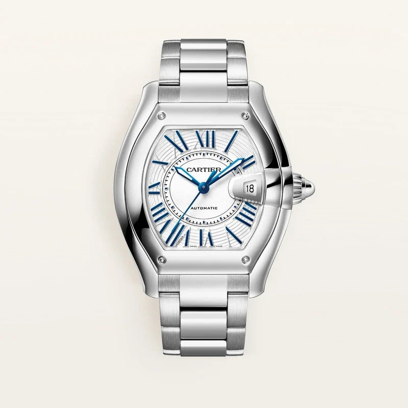 Cartier Roadster 2026 large model in steel with silvered guilloche dial and blue Roman numerals