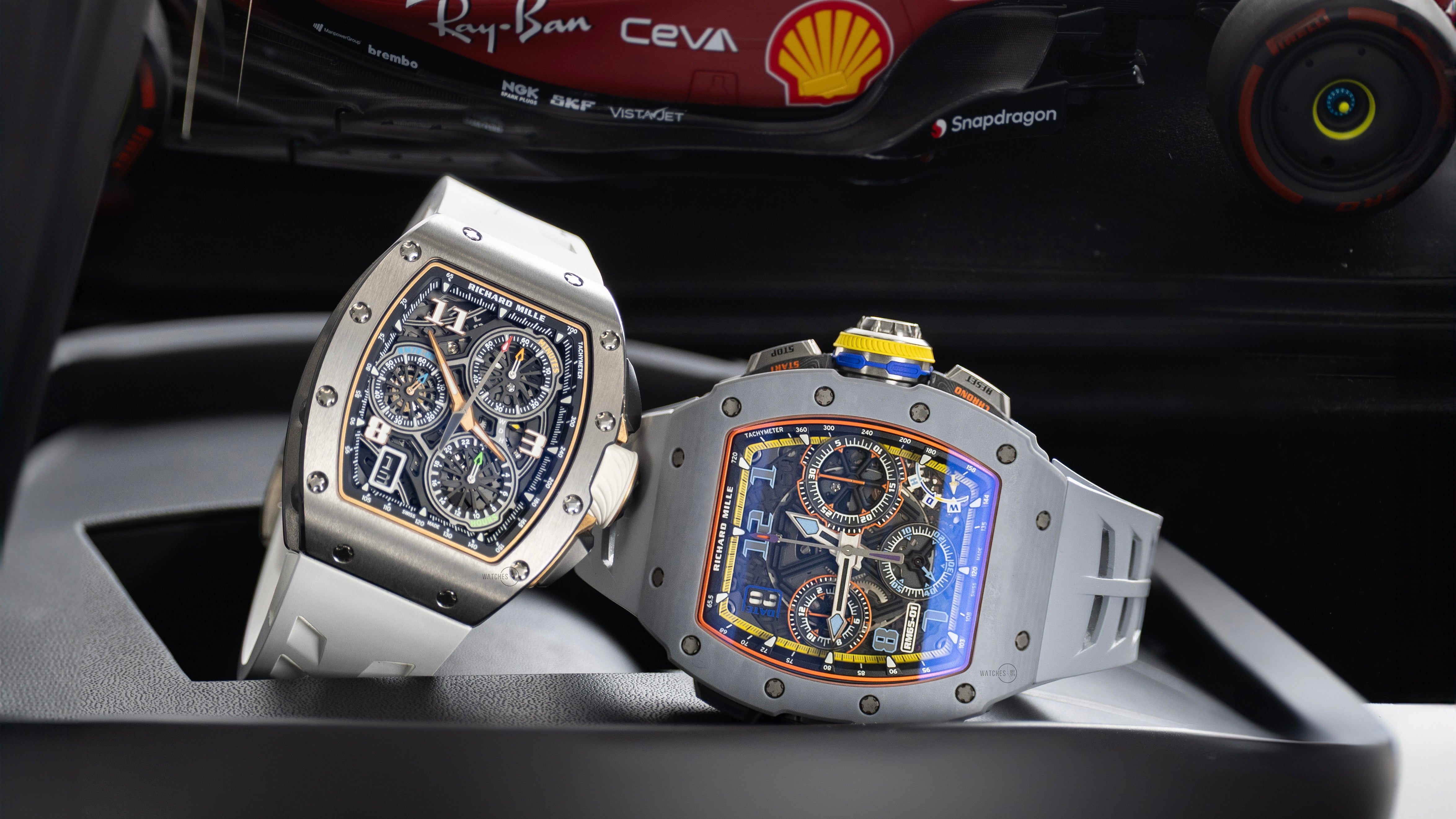 Two Richard Mille watches showcasing tonneau case design