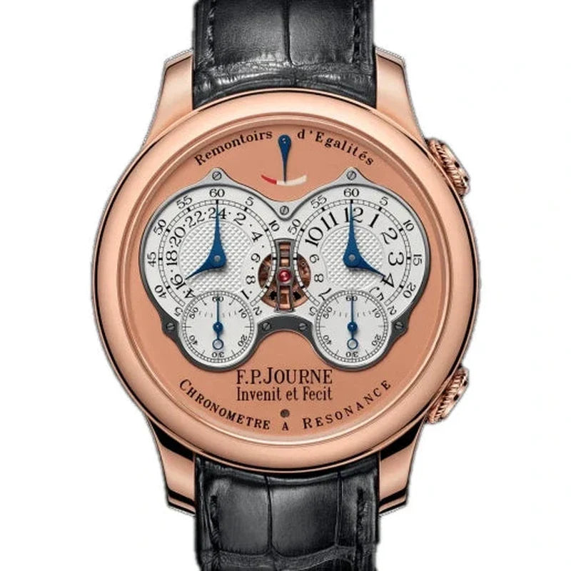 F.P. Journe Chronometre a Resonance rose gold case with twin dual-time subdials on a black crocodile strap