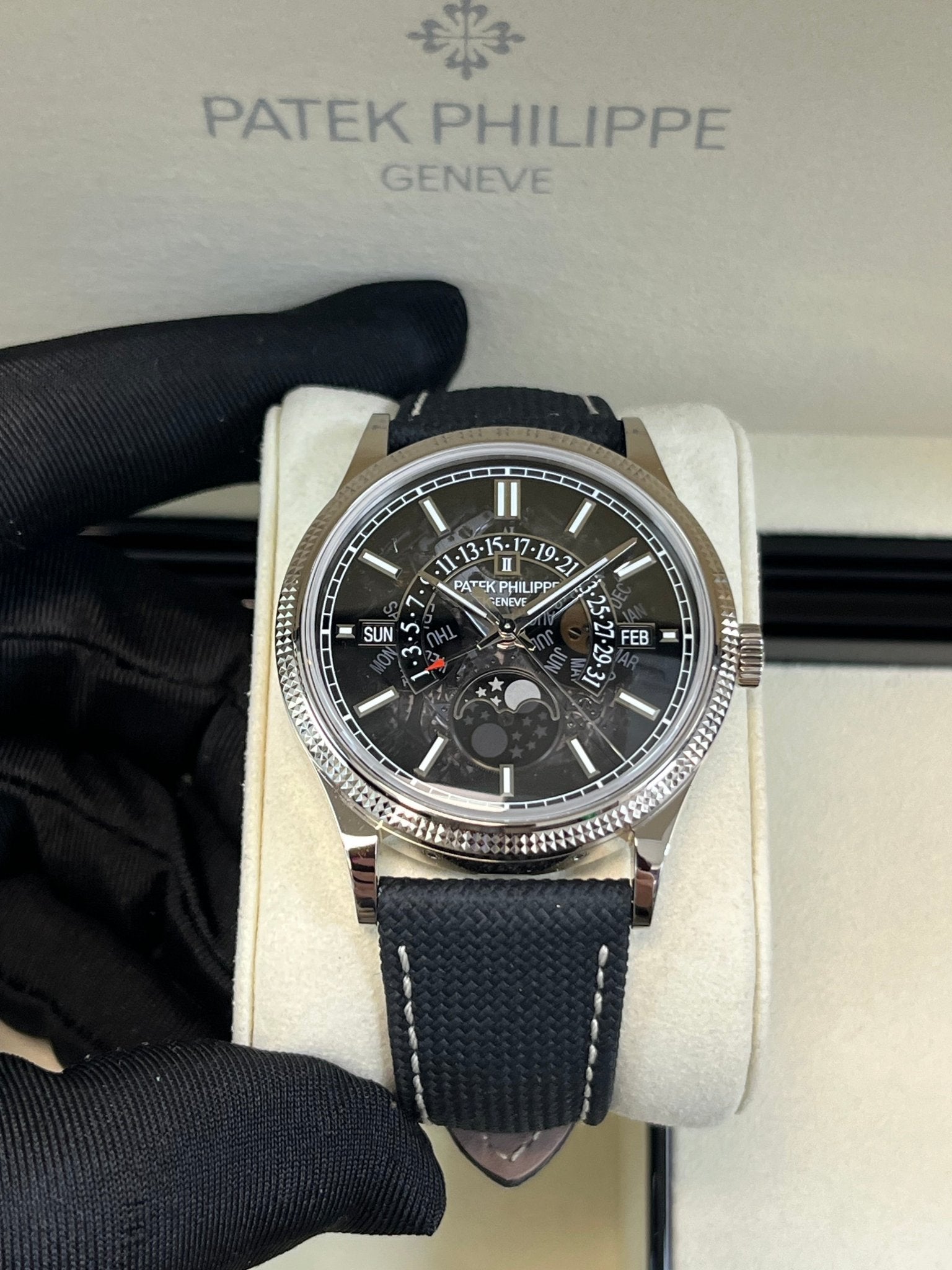 Patek Philippe 6159G-001 white gold retrograde perpetual calendar with gray sapphire dial in its presentation box