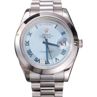 Thumbnail for Rolex Day-Date II 41mm Platinum Ice Blue Concentric Roman Dial Smooth Bezel President Bracelet (Ref 218206) - front view on a white background
