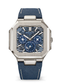 Thumbnail for Patek Philippe Cubitus Perpetual Calendar Skeleton 45mm Platinum Sunburst Blue Openworked Dial Ref 5840P-001 front view of the blue openworked skeleton dial