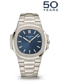 Thumbnail for Patek Philippe Nautilus 50th Anniversary 38mm Platinum Sunburst Blue Embossed Dial Platinum Bracelet - front