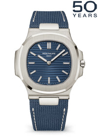 Thumbnail for Patek Philippe Nautilus 50th Anniversary 41mm 18K White Gold Sunburst Blue Embossed Dial Baguette Diamond Hour Markers - front