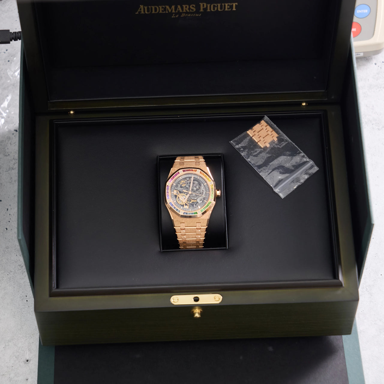 Audemars Piguet Royal Oak Double Balance Wheel Openworked 41mm Frosted Pink Gold Rainbow Bezel Ref 15412OR.YG.1224OR.01-B - in the presentation box with extra links