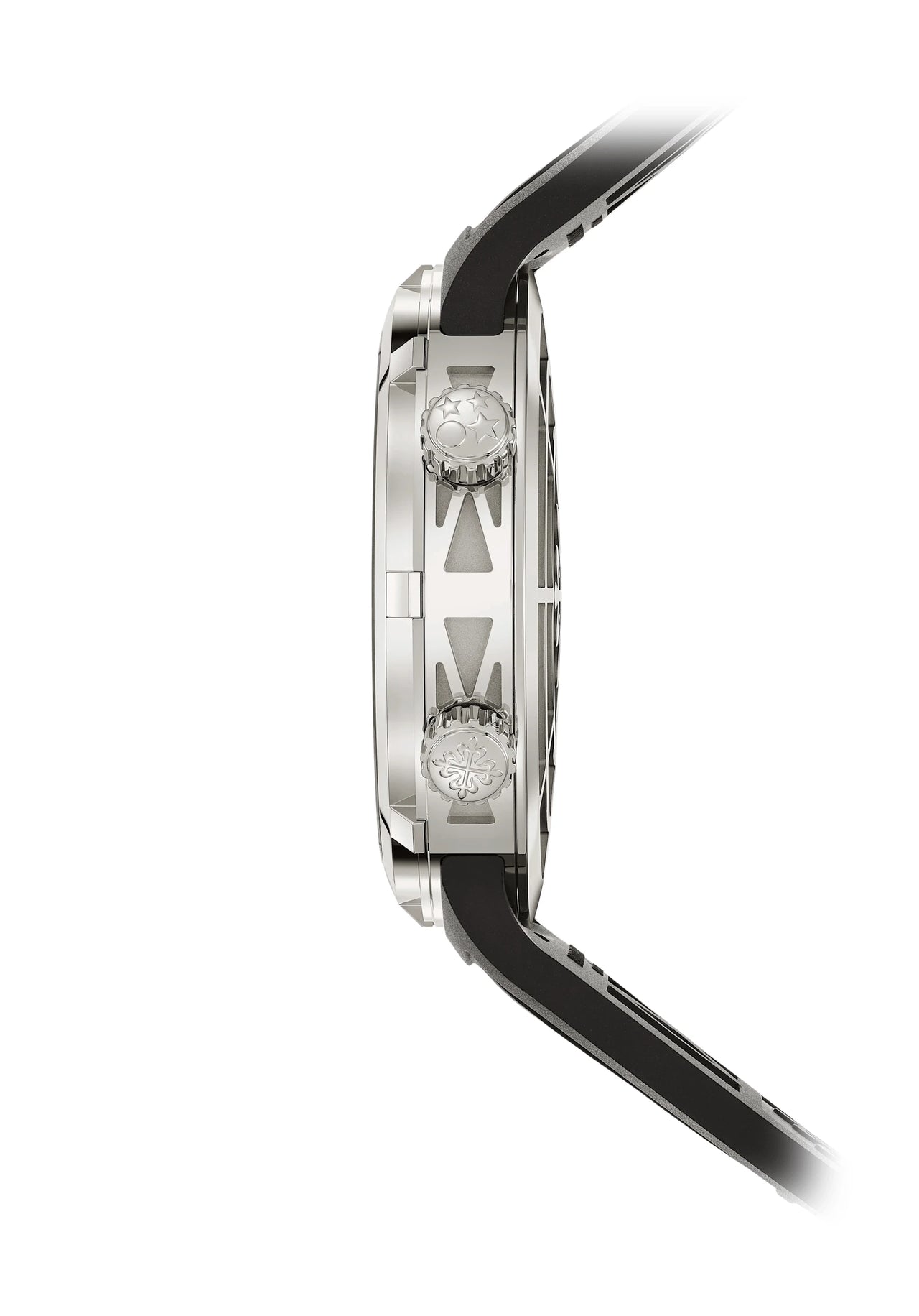 Patek Philippe Grand Complications Celestial Sunrise and Sunset 47mm 18K White Gold Ref 6105G-001 - case profile with the two correctors and the X pattern on the case flank