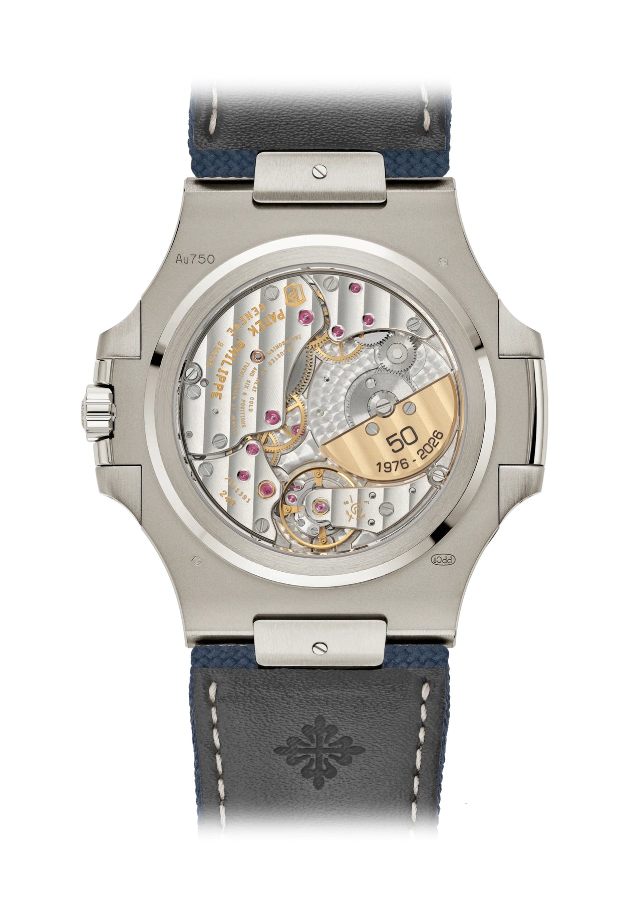 Patek Philippe Nautilus 50th Anniversary 41mm 18K White Gold Sunburst Blue Embossed Dial Baguette Diamond Hour Markers - sapphire crystal case back