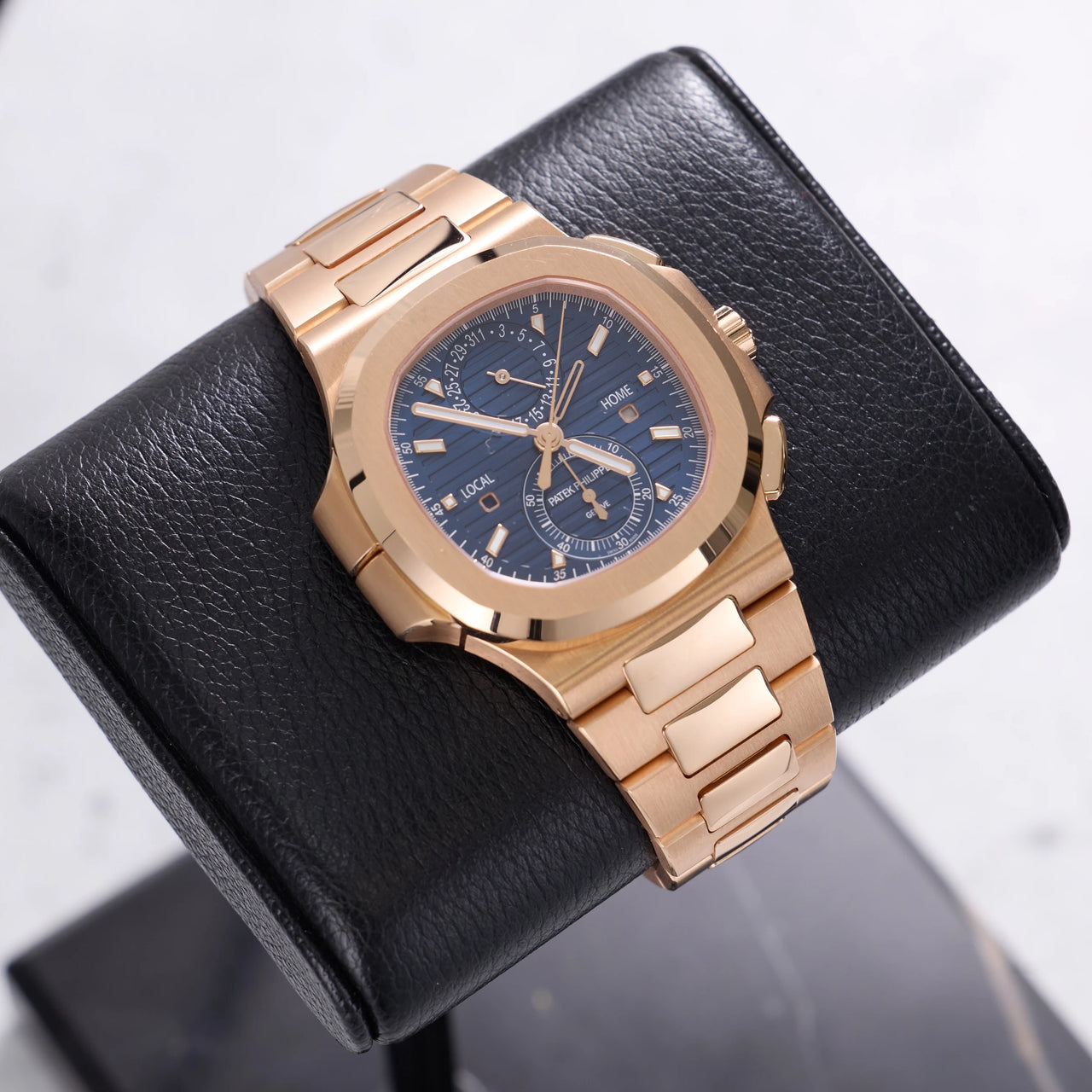 Patek Philippe Nautilus Travel Time Chronograph 18K Rose Gold Blue Dial Ref 5990/1R-001 - dial and case front view