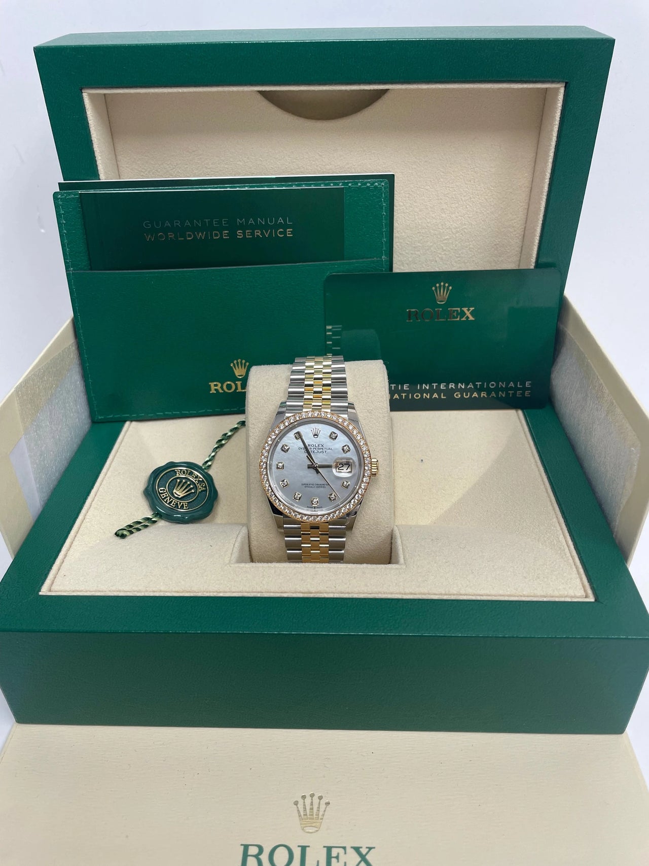 Rolex Datejust 36mm Steel and Yellow Gold White Mother of Pearl Diamond Dial Diamond Bezel Jubilee Bracelet Ref 126283RBR-0009 - in its Rolex presentation box with warranty booklet and hang tag