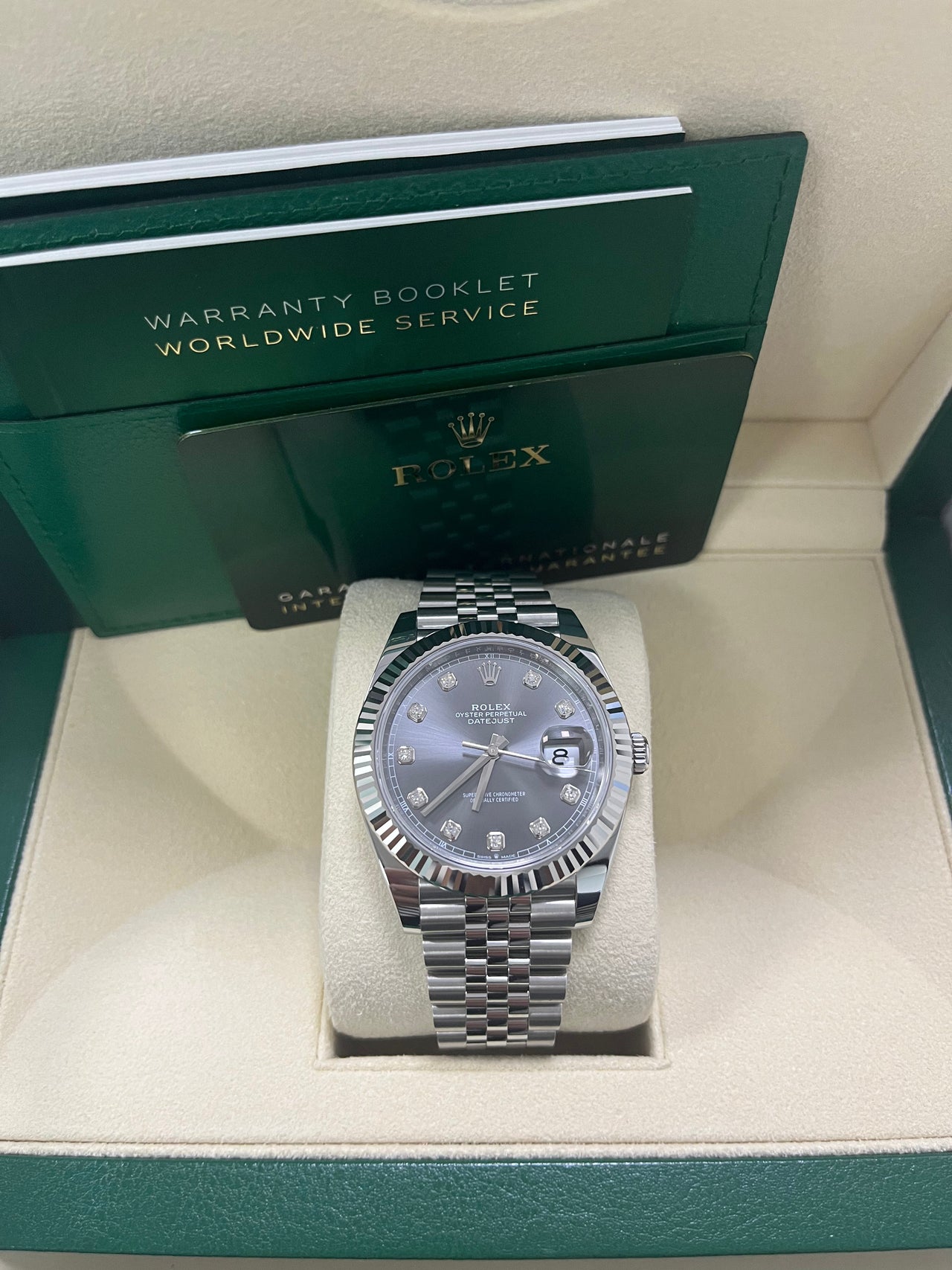 Rolex Datejust 41mm Steel and White Gold Slate Diamond Dial Fluted Bezel Jubilee Bracelet (Ref 126334) - in the original Rolex presentation box with warranty booklet