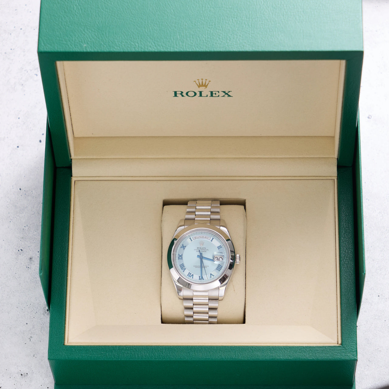 Rolex Day-Date II 41mm Platinum Ice Blue Concentric Roman Dial Smooth Bezel President Bracelet (Ref 218206) - in the Rolex presentation box