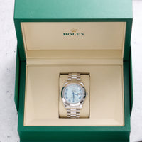 Thumbnail for Rolex Day-Date II 41mm Platinum Ice Blue Concentric Roman Dial Smooth Bezel President Bracelet (Ref 218206) - in the Rolex presentation box