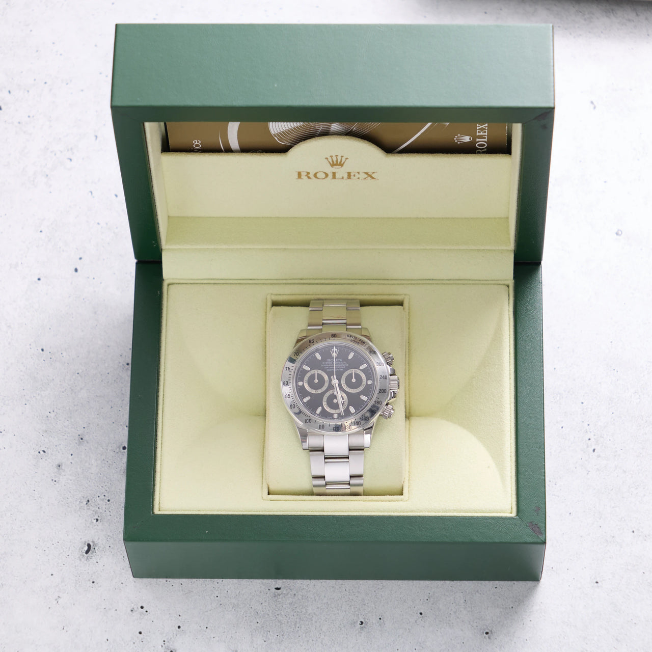 Rolex Daytona 40mm Stainless Steel Black Dial Tachymeter Bezel Oyster Bracelet (Ref 116520) - in the Rolex presentation box