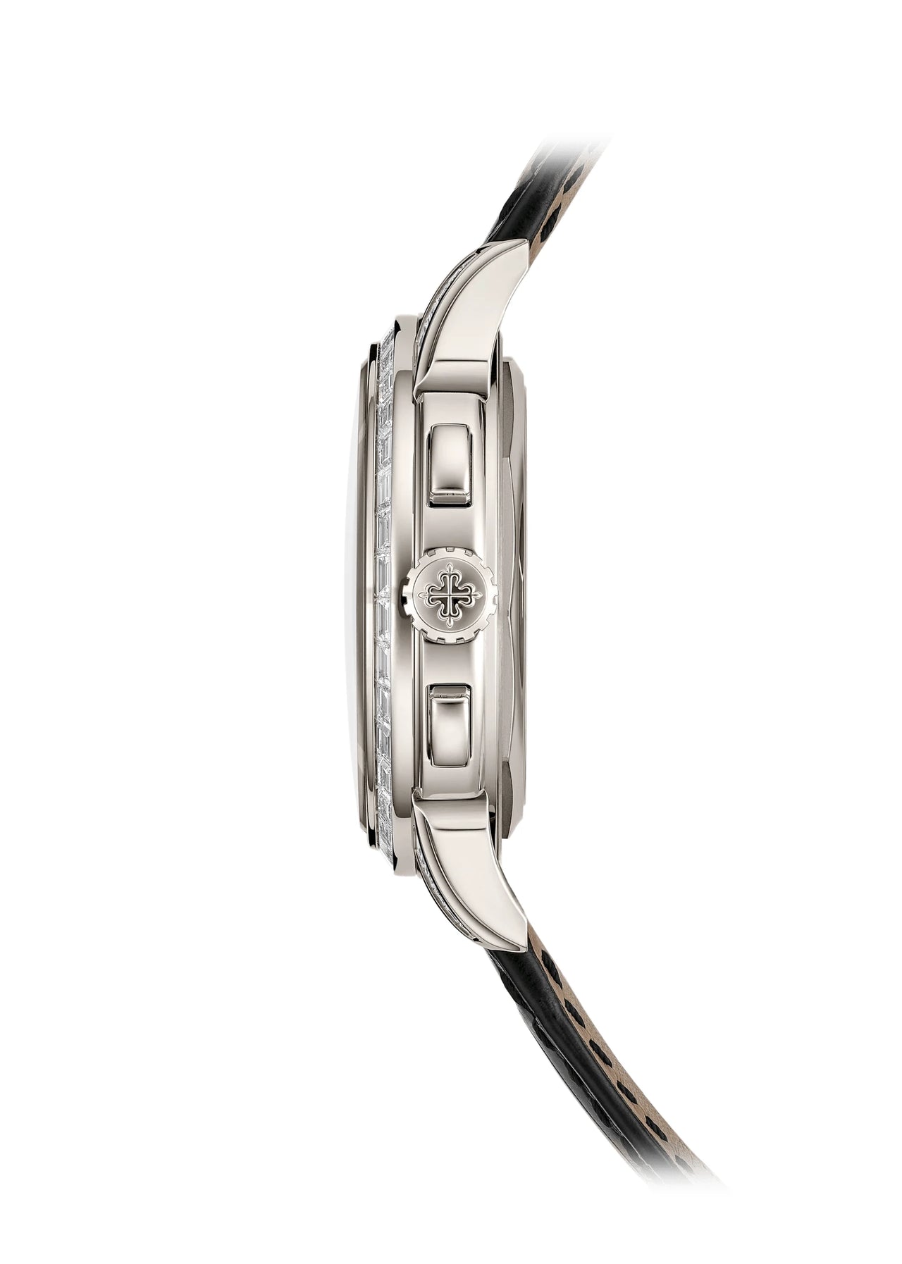 Patek Philippe Grand Complications Perpetual Calendar Chronograph 41mm Platinum Lacquered Black Dial Diamond Bezel - case profile at 3 o'clock