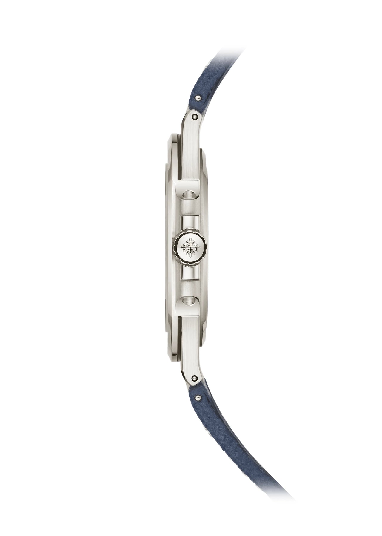 Patek Philippe Nautilus 50th Anniversary 41mm 18K White Gold Sunburst Blue Embossed Dial Baguette Diamond Hour Markers - case profile at 3 o'clock