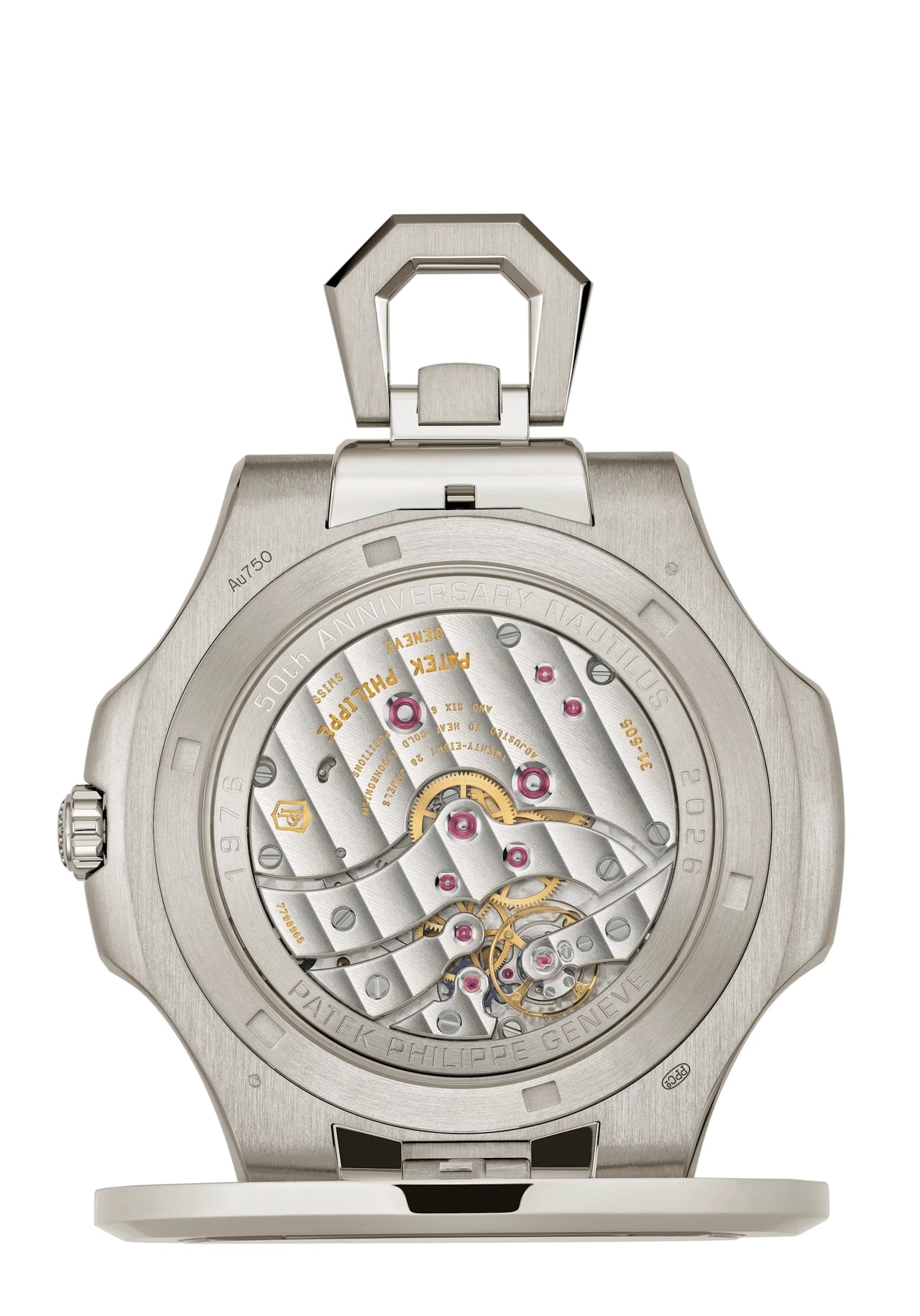 Patek Philippe Nautilus 50th Anniversary Desk Clock 18K White Gold Sunburst Blue Embossed Dial - hinged cover open