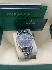 Thumbnail for Rolex Datejust 41mm Steel and White Gold Slate Diamond Dial Fluted Bezel Jubilee Bracelet (Ref 126334) - angled in the original Rolex presentation box