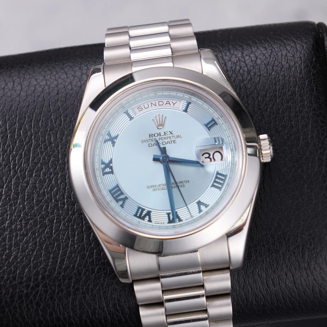 Rolex Day-Date II 41mm Platinum Ice Blue Concentric Roman Dial Smooth Bezel President Bracelet (Ref 218206) - close-up of the ice blue dial with Roman numerals and concentric outer ring