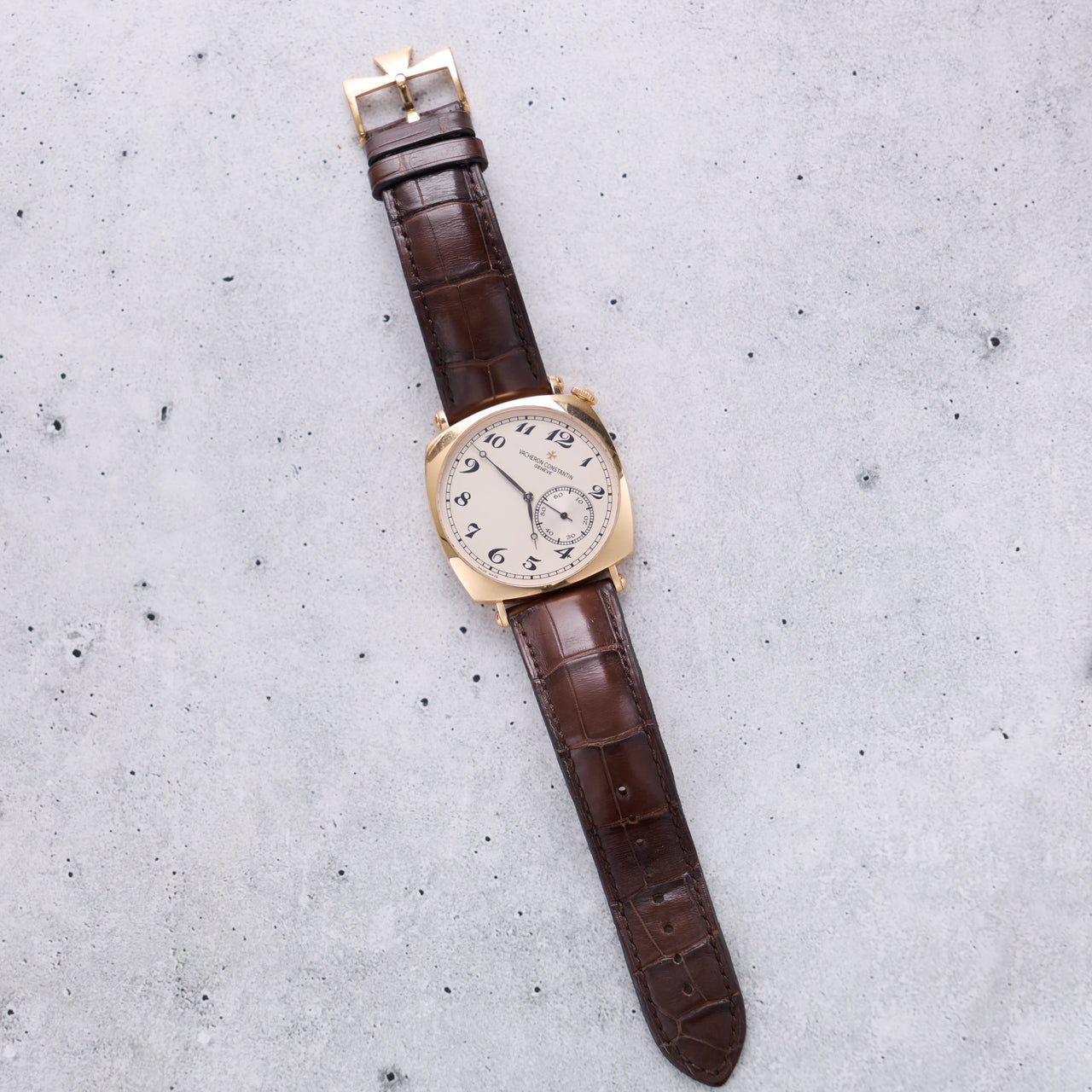 Vacheron Constantin Historiques American 1921 40mm 18K Pink Gold Silver Dial 82035/000R-9359 - laid flat on its brown leather strap
