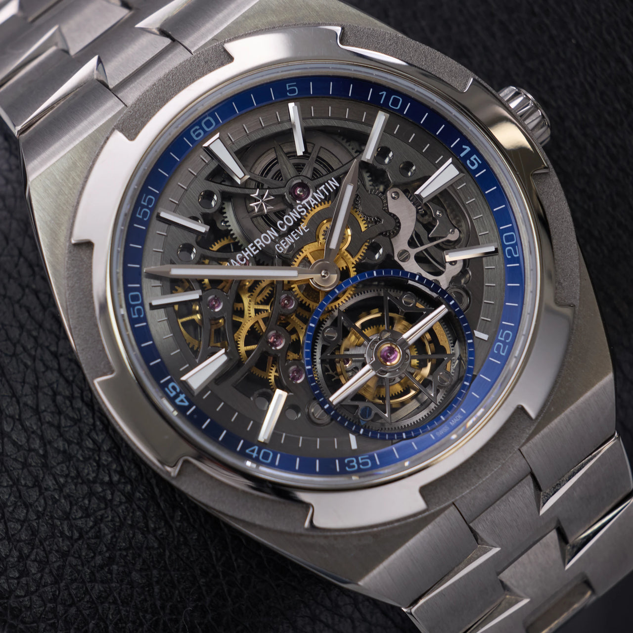 Vacheron Constantin Overseas Tourbillon Skeleton 42.5mm Titanium Skeleton Dial 6000V/210T-B935 - close-up of the skeleton dial, blue minute track and tourbillon