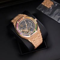 Thumbnail for Audemars Piguet Royal Oak Double Balance Wheel Openworked 41mm Frosted Pink Gold Rainbow Bezel Ref 15412OR.YG.1224OR.01-B - in the presentation box three quarter view