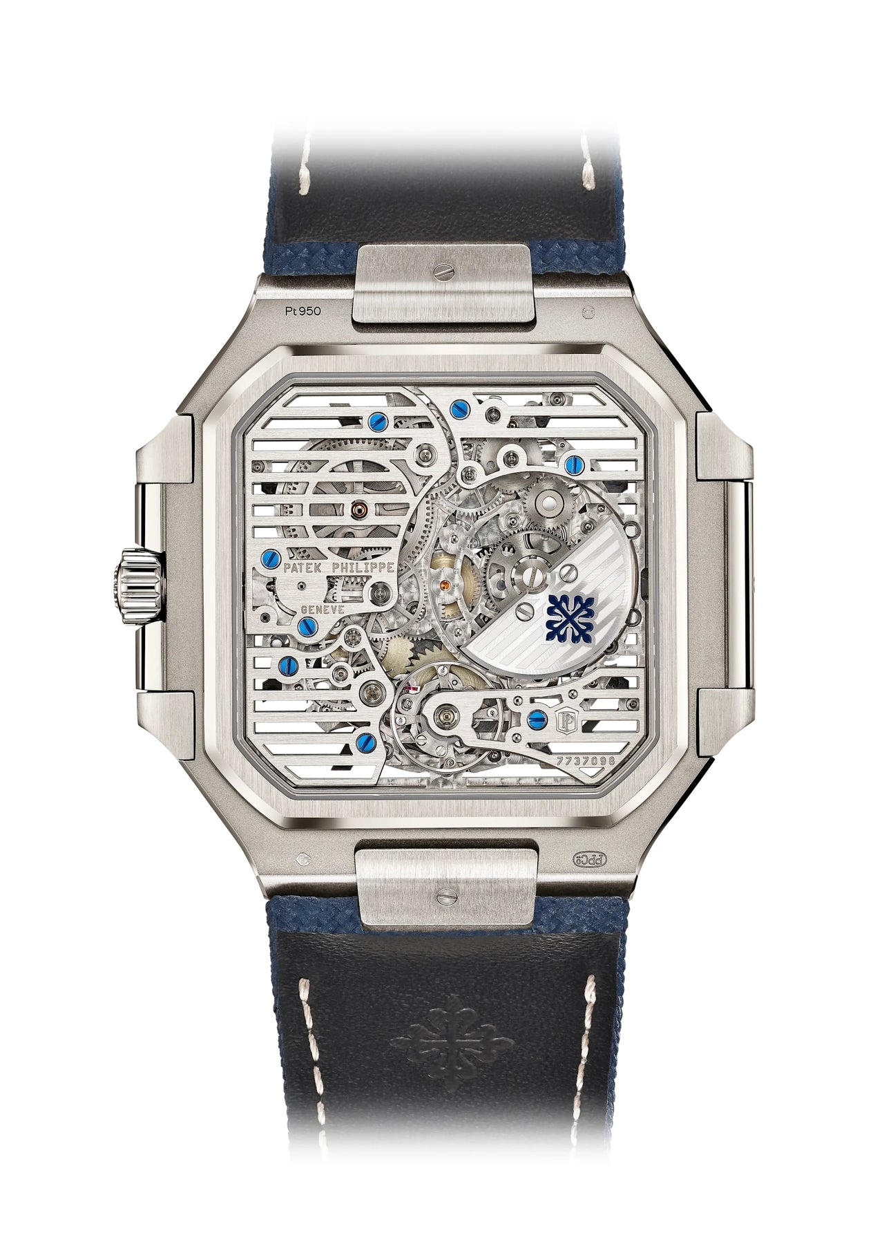 Patek Philippe Cubitus Perpetual Calendar Skeleton 45mm Platinum Sunburst Blue Openworked Dial Ref 5840P-001 sapphire crystal case back showing skeletonized Caliber 28-28 Q SQU
