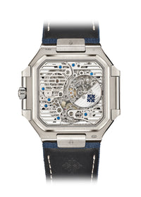 Thumbnail for Patek Philippe Cubitus Perpetual Calendar Skeleton 45mm Platinum Sunburst Blue Openworked Dial Ref 5840P-001 sapphire crystal case back showing skeletonized Caliber 28-28 Q SQU