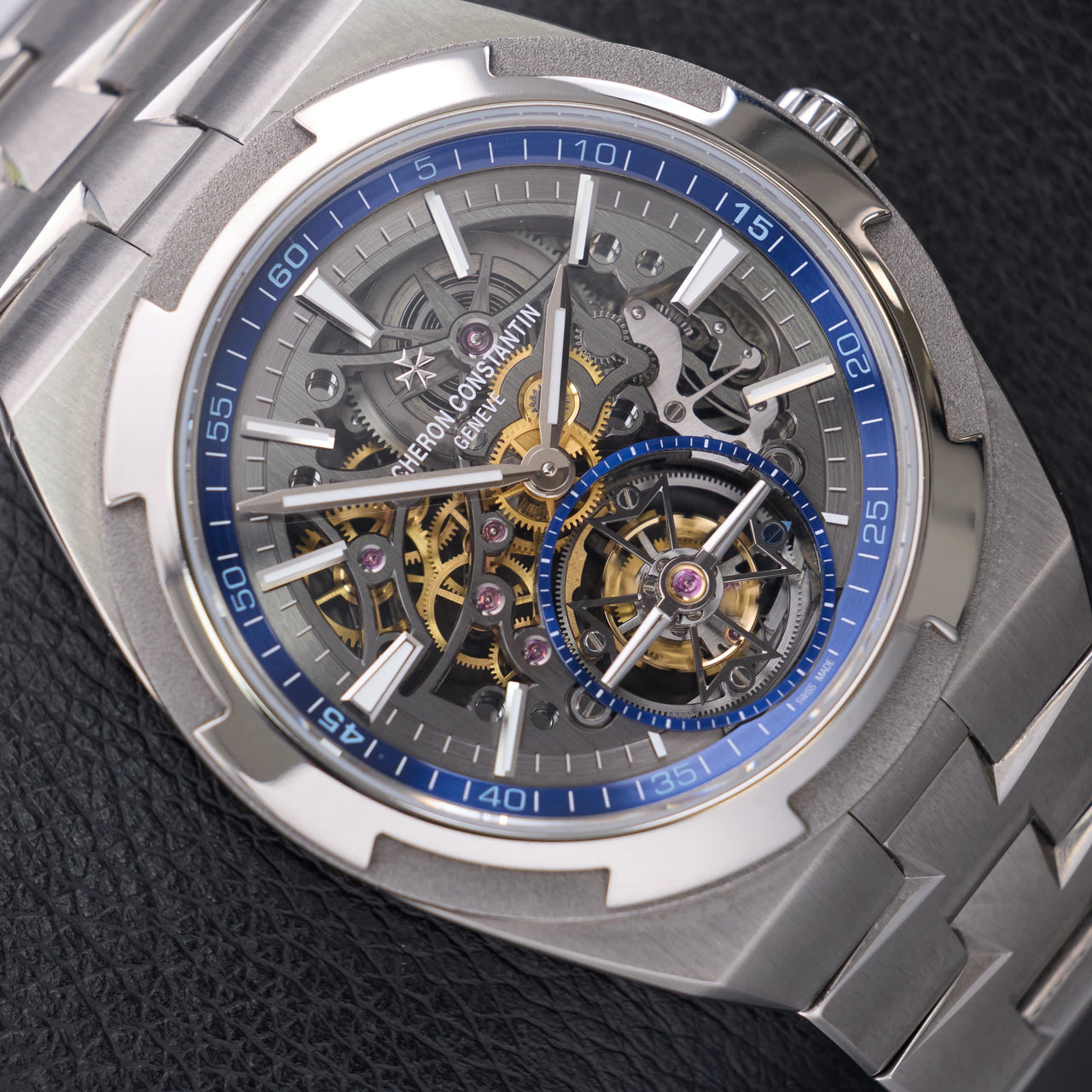 Vacheron Constantin Overseas Tourbillon Skeleton 42.5mm Titanium Skeleton Dial 6000V/210T-B935 - angled close-up of the skeleton dial and tourbillon