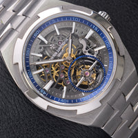 Thumbnail for Vacheron Constantin Overseas Tourbillon Skeleton 42.5mm Titanium Skeleton Dial 6000V/210T-B935 - angled close-up of the skeleton dial and tourbillon