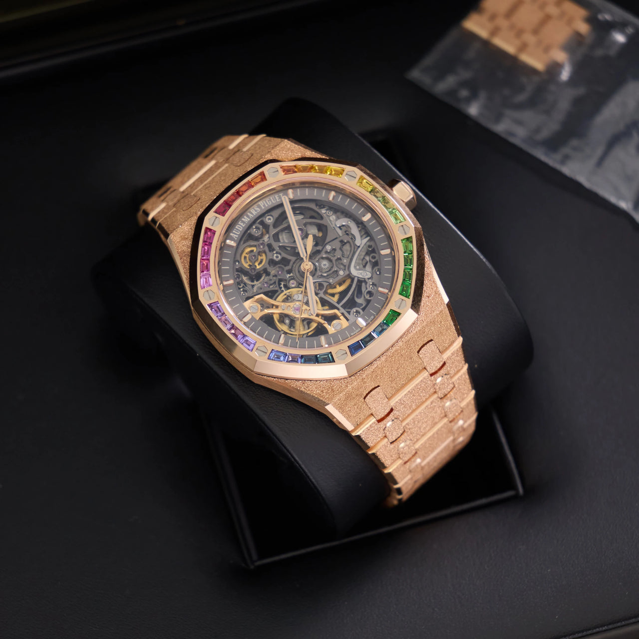 Audemars Piguet Royal Oak Double Balance Wheel Openworked 41mm Frosted Pink Gold Rainbow Bezel Ref 15412OR.YG.1224OR.01-B - in the presentation box dial view