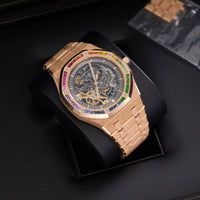 Thumbnail for Audemars Piguet Royal Oak Double Balance Wheel Openworked 41mm Frosted Pink Gold Rainbow Bezel Ref 15412OR.YG.1224OR.01-B - in the presentation box dial view