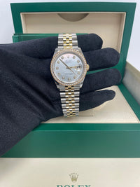 Thumbnail for Rolex Datejust 36mm Steel and Yellow Gold White Mother of Pearl Diamond Dial Diamond Bezel Jubilee Bracelet Ref 126283RBR-0009 - dial view held in hand