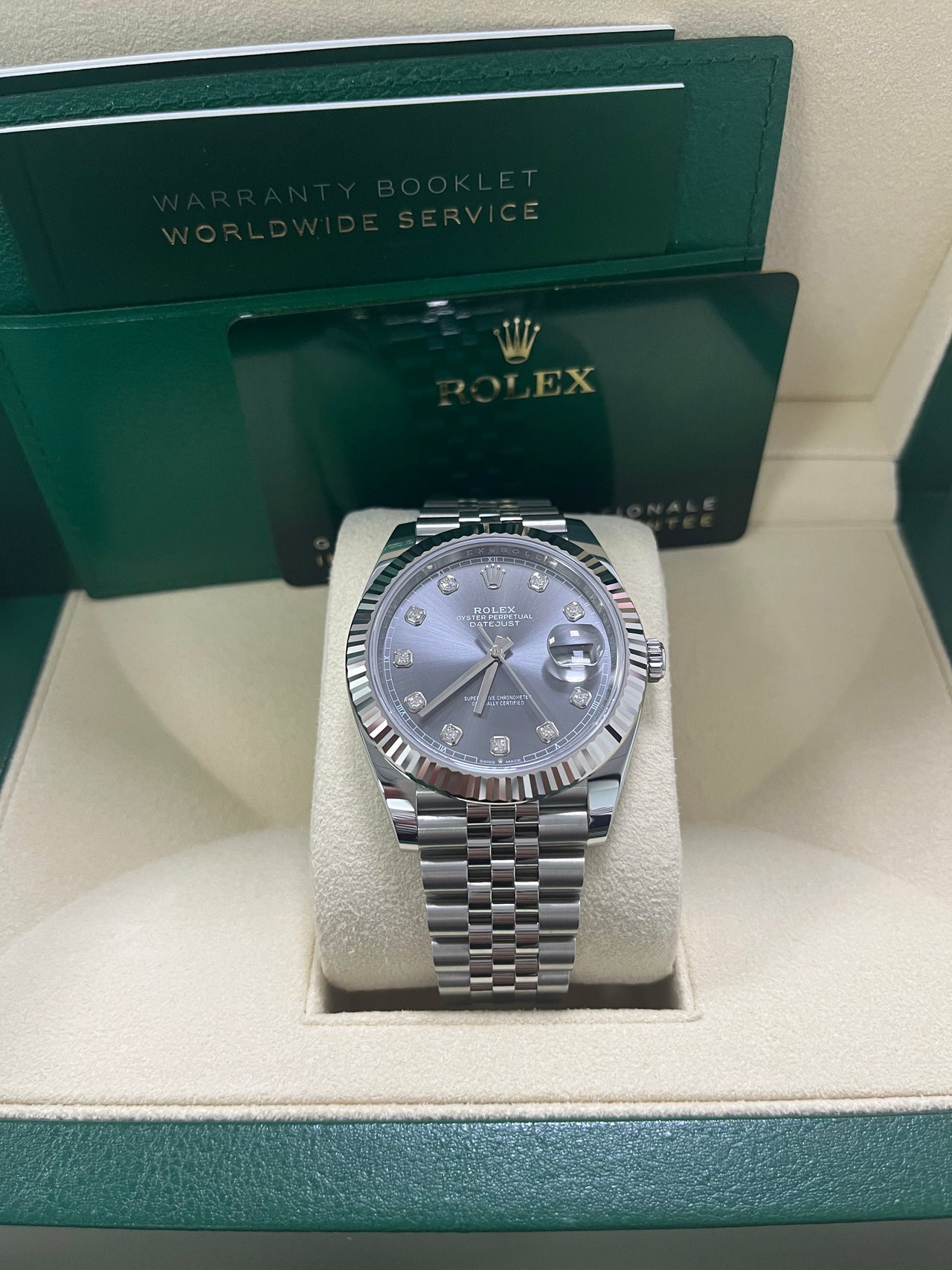 Rolex Datejust 41mm Steel and White Gold Slate Diamond Dial Fluted Bezel Jubilee Bracelet (Ref 126334) - slate diamond dial front view