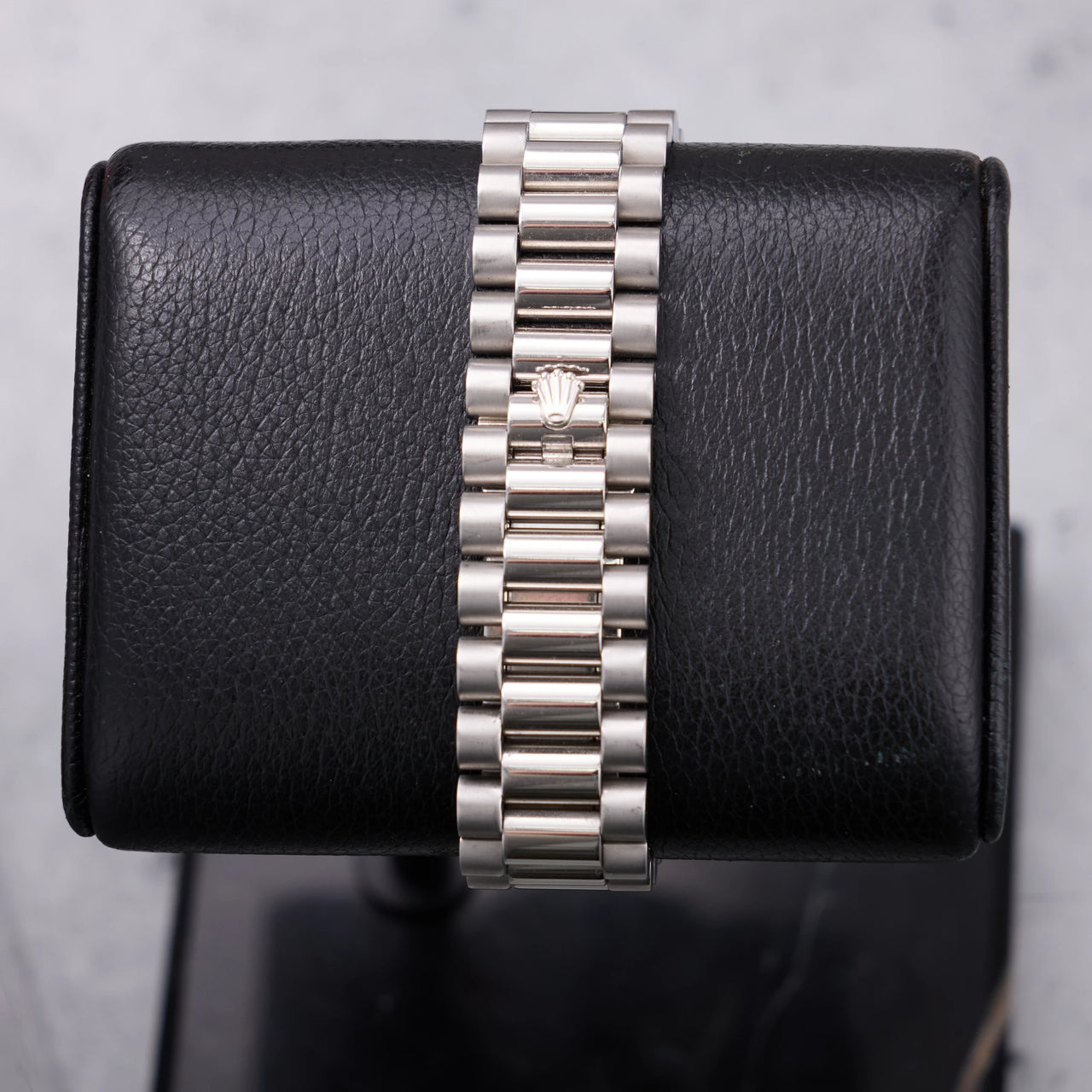 Rolex Day-Date II 41mm Platinum Ice Blue Concentric Roman Dial Smooth Bezel President Bracelet (Ref 218206) - President bracelet clasp with the Rolex crown