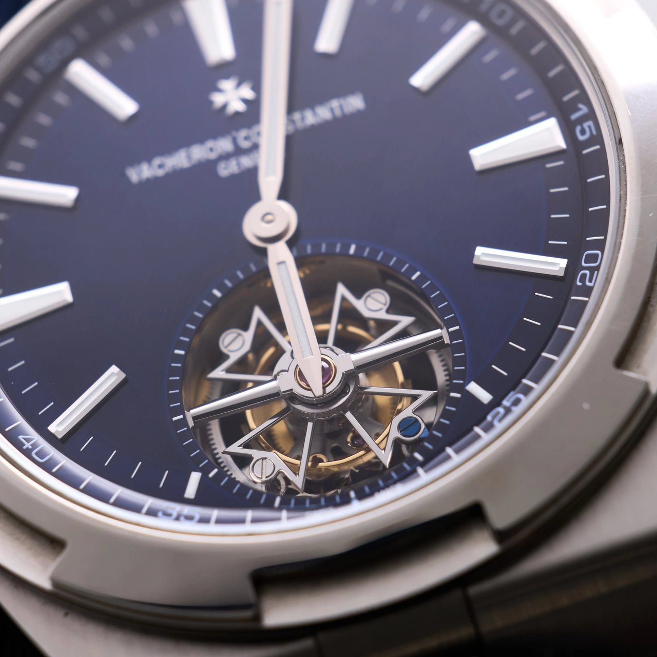 Vacheron Constantin Overseas Tourbillon 42.5mm Stainless Steel Blue Dial (Ref 6000V/110A-B544) - Maltese cross tourbillon cage detail