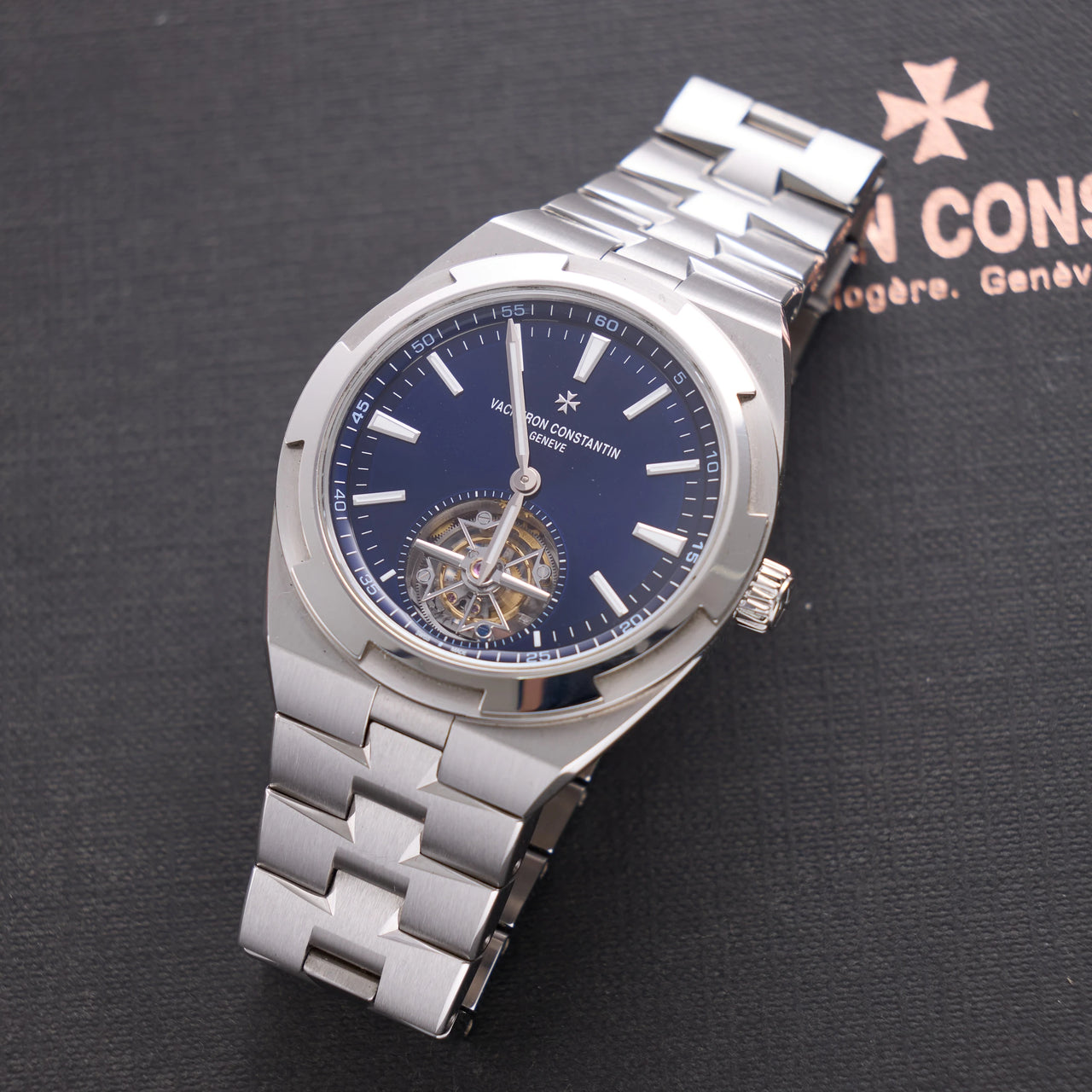 Vacheron Constantin Overseas Tourbillon 42.5mm Stainless Steel Blue Dial (Ref 6000V/110A-B544) - angled dial view