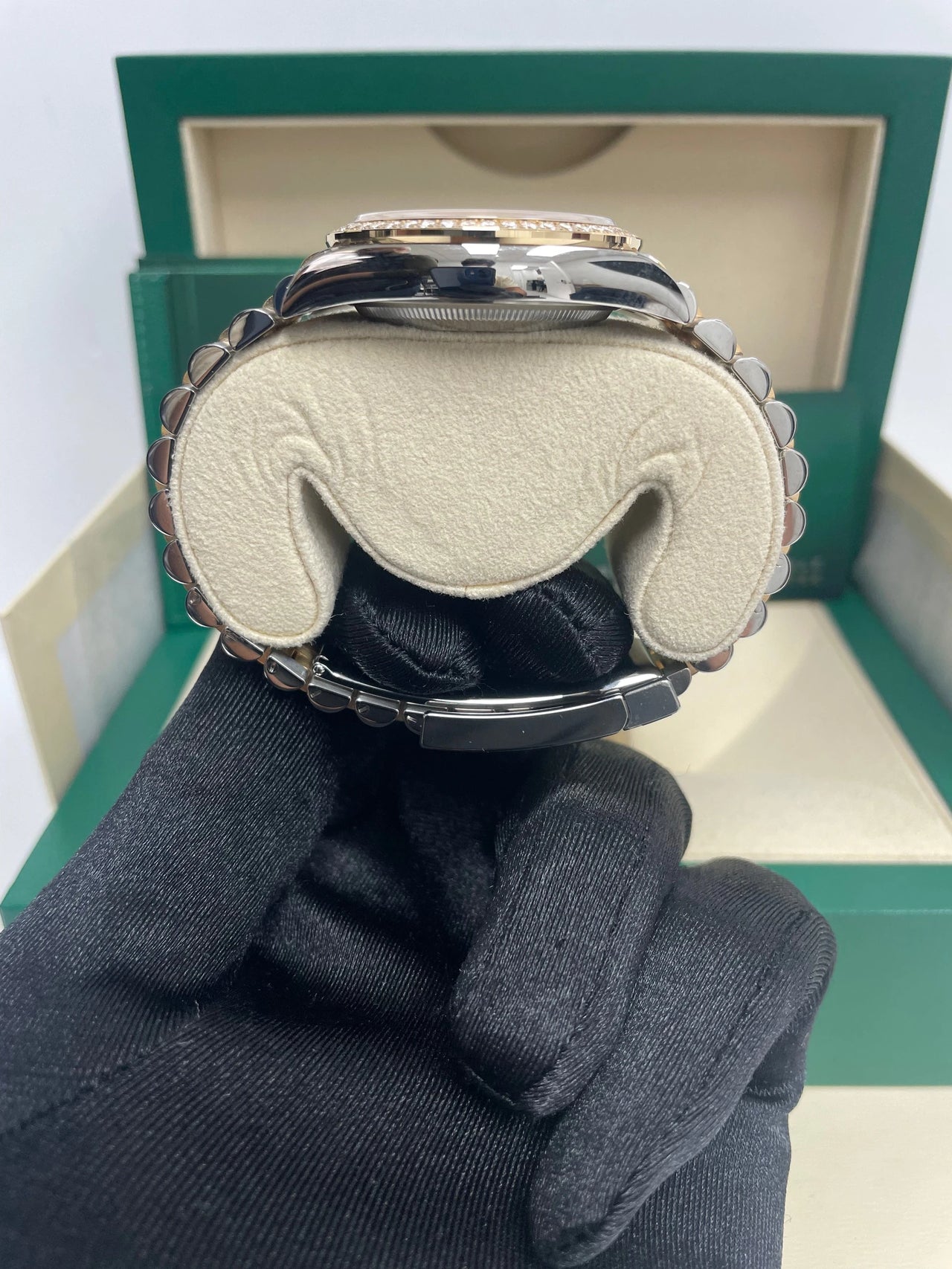 Rolex Datejust 36mm Steel and Yellow Gold White Mother of Pearl Diamond Dial Diamond Bezel Jubilee Bracelet Ref 126283RBR-0009 - folding Oysterclasp and Jubilee bracelet underside, held in hand