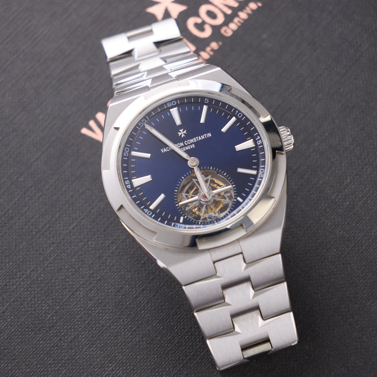 Vacheron Constantin Overseas Tourbillon 42.5mm Stainless Steel Blue Dial (Ref 6000V/110A-B544) - angled dial and bracelet view