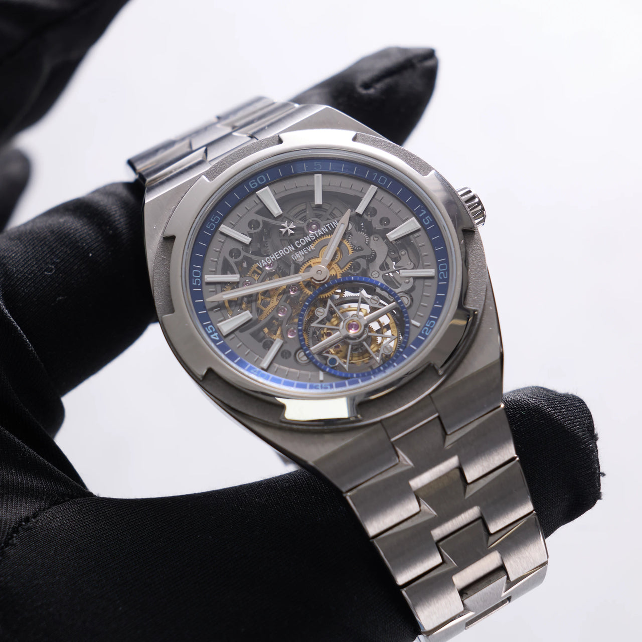 Vacheron Constantin Overseas Tourbillon Skeleton 42.5mm Titanium Skeleton Dial 6000V/210T-B935 - angled view of the dial and tourbillon, held in hand
