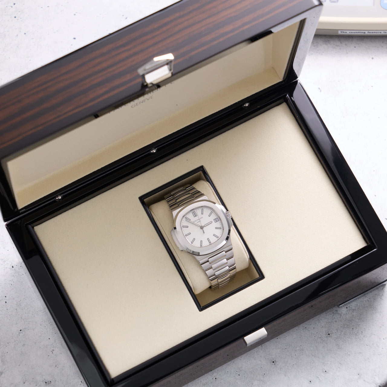 Patek Philippe Nautilus 40mm Stainless Steel White Dial (Ref 5711/1A-011) - in the Patek Philippe presentation box, angled view