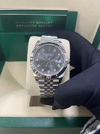Thumbnail for Rolex Datejust 41mm Steel and White Gold Slate Diamond Dial Fluted Bezel Jubilee Bracelet (Ref 126334) - dial view held in hand