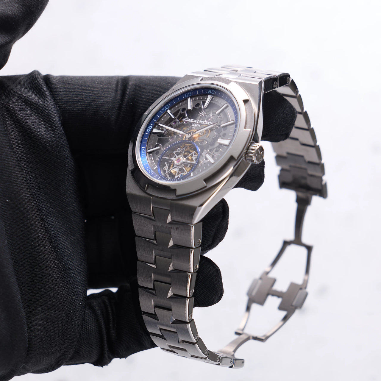 Vacheron Constantin Overseas Tourbillon Skeleton 42.5mm Titanium Skeleton Dial 6000V/210T-B935 - angled view toward the crown with the folding clasp open