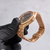 Thumbnail for Audemars Piguet Royal Oak Double Balance Wheel Openworked 41mm Frosted Pink Gold Rainbow Bezel Ref 15412OR.YG.1224OR.01-B - screw-locked crown and case profile
