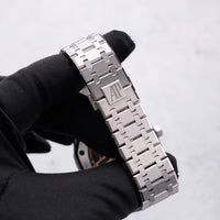 Thumbnail for Audemars Piguet Royal Oak Selfwinding 41mm 18K White Gold Smoked Blue Dial Fixed Bezel Ref 15510BC.OO.1320BC.04 - bracelet and clasp detail held in hand