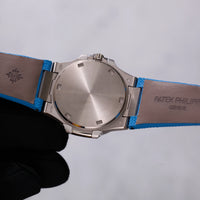 Thumbnail for Patek Philippe Nautilus 32mm 18K White Gold Azure Blue Dial Diamond Bezel Ref 7010G-013 - display caseback