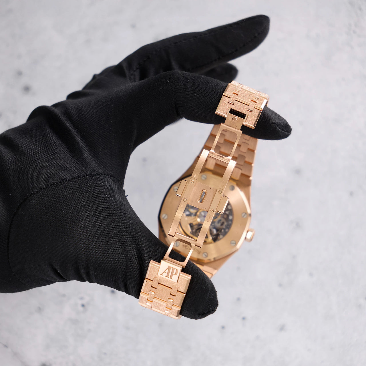 Audemars Piguet Royal Oak Double Balance Wheel Openworked 41mm Frosted Pink Gold Rainbow Bezel Ref 15412OR.YG.1224OR.01-B - sapphire caseback with the folding clasp open