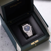 Thumbnail for Audemars Piguet Royal Oak Selfwinding 41mm 18K White Gold Smoked Blue Dial Fixed Bezel Ref 15510BC.OO.1320BC.04 - angled view in Audemars Piguet presentation box