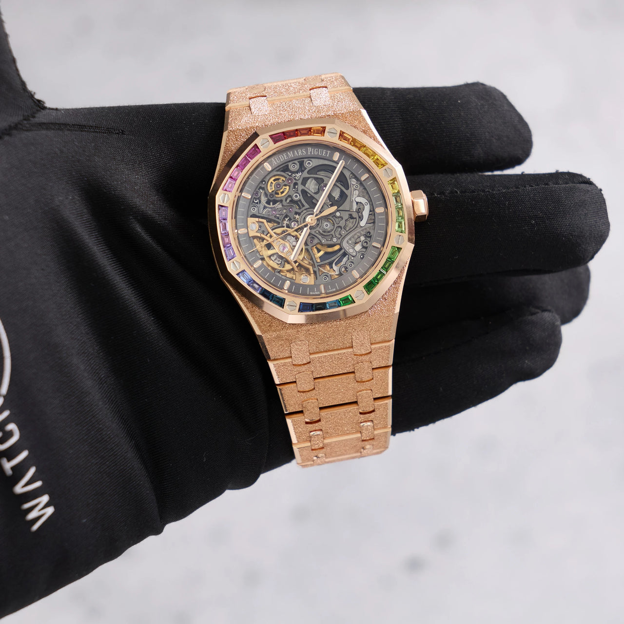 Audemars Piguet Royal Oak Double Balance Wheel Openworked 41mm Frosted Pink Gold Rainbow Bezel Ref 15412OR.YG.1224OR.01-B - in hand front view