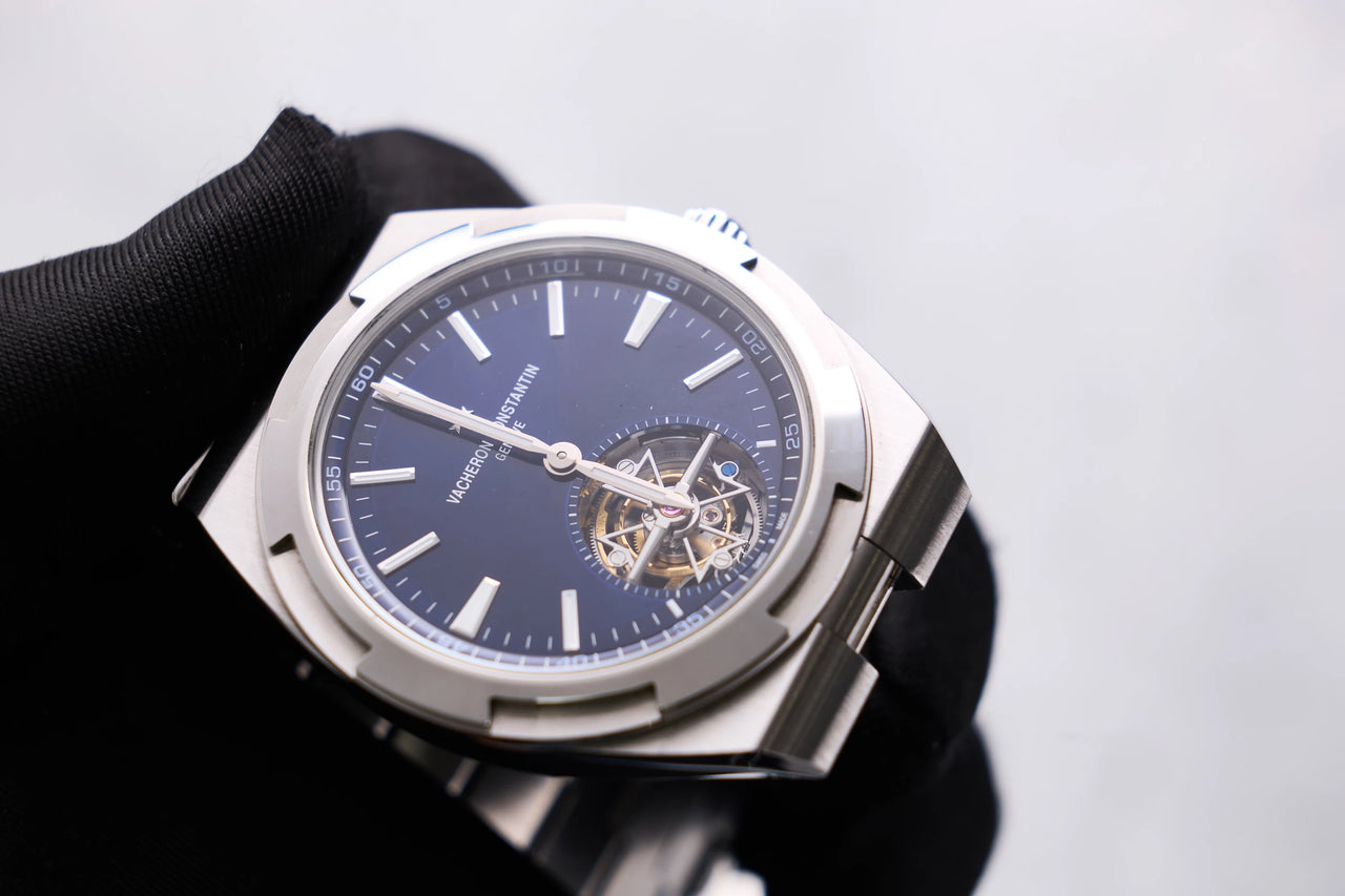 Vacheron Constantin Overseas Tourbillon 42.5mm Stainless Steel Blue Dial (Ref 6000V/110A-B544) - angled dial view held in hand