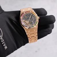 Thumbnail for Audemars Piguet Royal Oak Double Balance Wheel Openworked 41mm Frosted Pink Gold Rainbow Bezel Ref 15412OR.YG.1224OR.01-B - in hand angled view